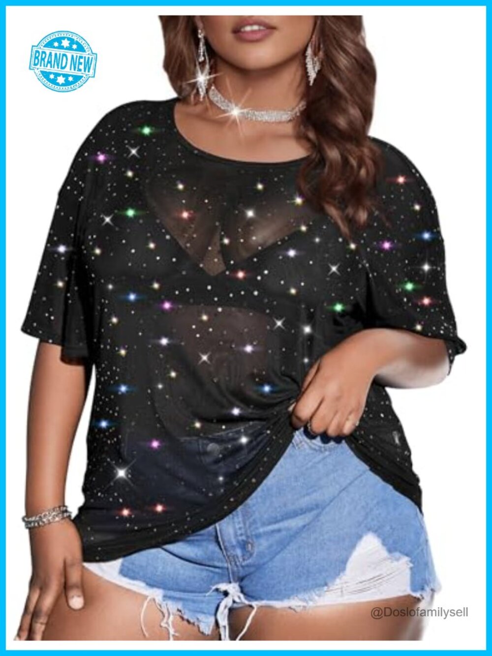 Plus Size Glitter Sheer Mesh Tops for Women Summer See Through T Shirt Sparkly